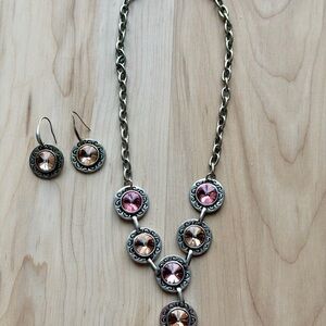 Vintage-Inspired Pink and Peach Crystal Pendant Necklace Set